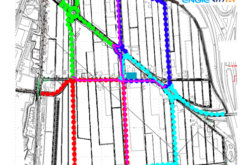 Schematische weergave van het geplande DC-net. De lichtmasten (bolletjes) zijn verdeeld over vier ringen. In paars de back-bone, met bij de kruising de DC-kast.