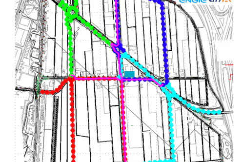 Schematische weergave van het geplande DC-net. De lichtmasten (bolletjes) zijn verdeeld over vier ringen. In paars de back-bone, met bij de kruising de DC-kast.