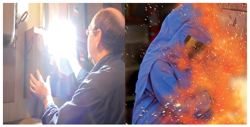 Vlambogen worden terecht als levensgevaarlijk beschouwd. Zonder beschermende kleding en een passend gelaatsscherm kan een persoon ernstig letsel oplopen bij een vlamboog. Bron: www.ecompliance.ca.
Foto links: gelukkig voor de medewerker is er alleen sprake van een felle flits die tot beperkt letsel kan leiden.
Foto rechts: hier is sprake van een indrukwekkende levensgevaarlijke vlamboog.