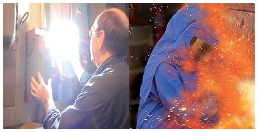 Vlambogen worden terecht als levensgevaarlijk beschouwd. Zonder beschermende kleding en een passend gelaatsscherm kan een persoon ernstig letsel oplopen bij een vlamboog. Bron: www.ecompliance.ca.
Foto links: gelukkig voor de medewerker is er alleen sprake van een felle flits die tot beperkt letsel kan leiden.
Foto rechts: hier is sprake van een indrukwekkende levensgevaarlijke vlamboog.