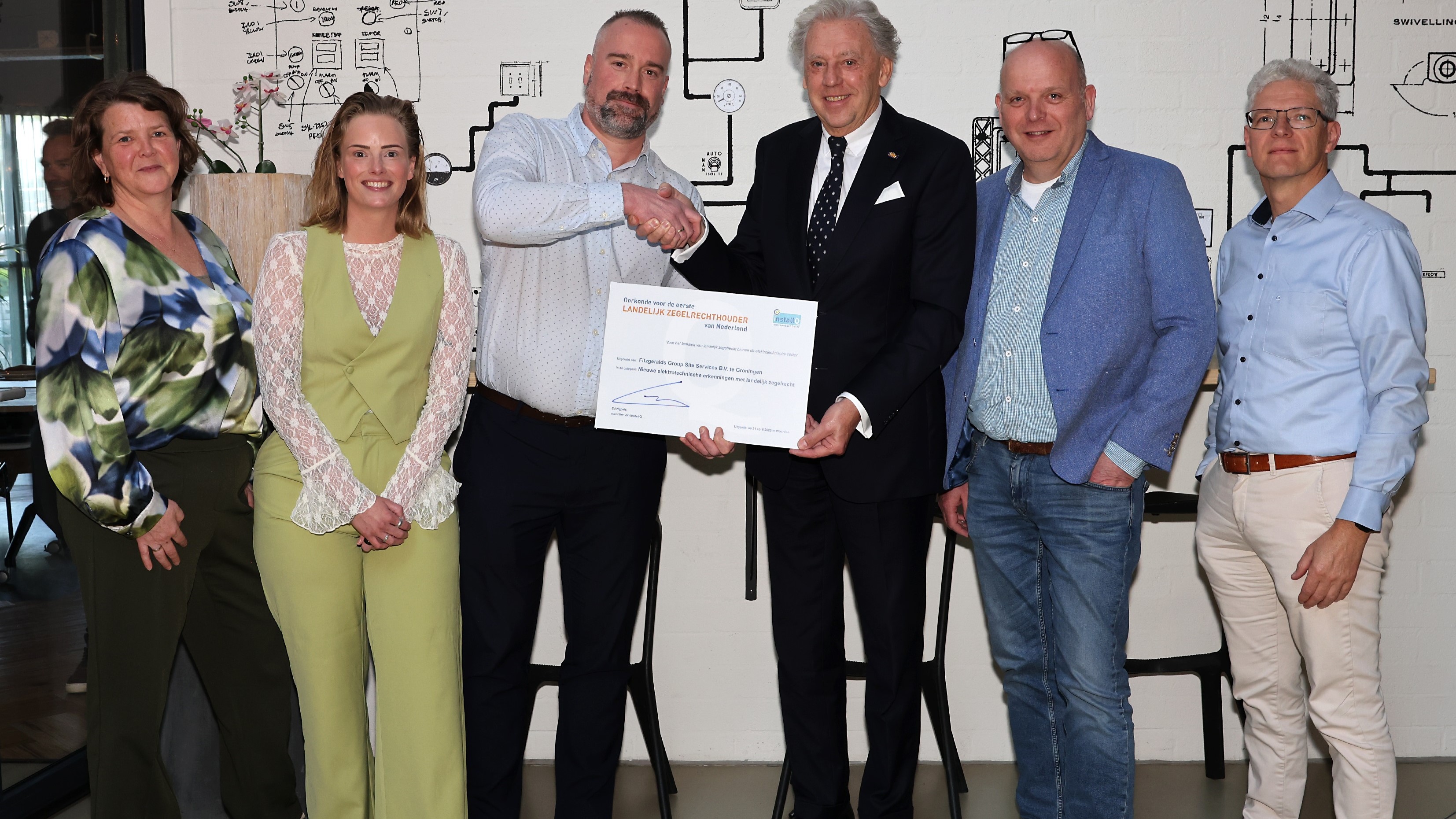 Van links naar rechts: Miranda Bos (netbeheerder Coteq), Tiffany Bloeming (directeur InstallQ), Marc van Oosterhout (directeur Fitzgeralds Group Site Services), Ed Nijpels (voorzitter InstallQ), Ronald van Nierop (netbeheerder Liander), Mark Dieleman (netbeheerder Stedin).